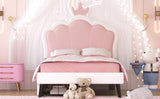 English Elm Twin Size Upholstered Princess Bed With Crown Headboard and 2 Drawers,Twin Size Platform Bed With Headboard and Footboard, Pink+White