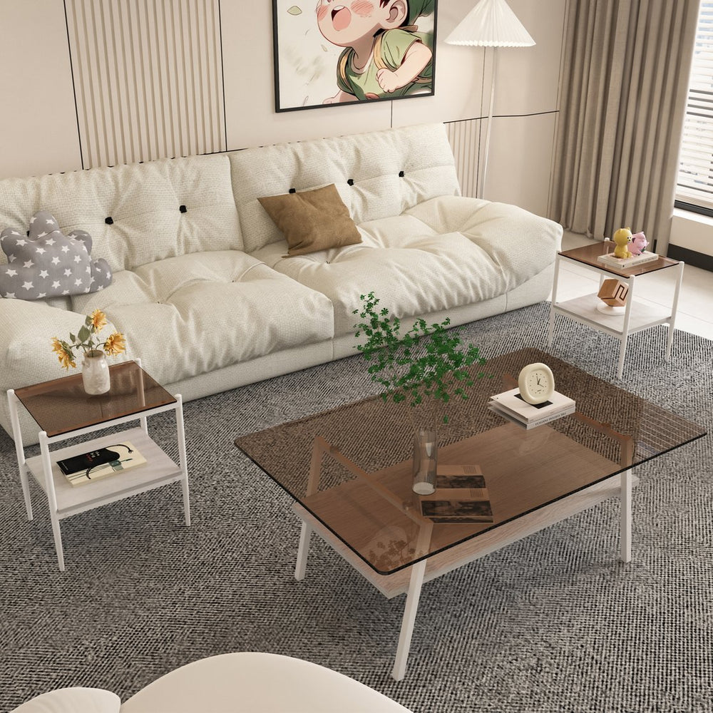 English Elm Coffee Table And End Tables Set Of 3 – Modern Brown Glass, Sturdy Iron Legs, Ideal For Living Room W241S00044
