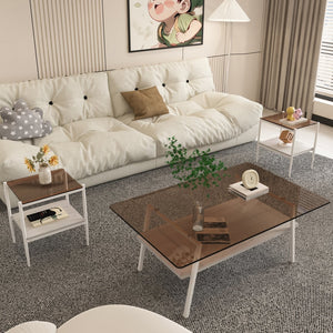 English Elm Coffee Table And End Tables Set Of 3 – Modern Brown Glass, Sturdy Iron Legs, Ideal For Living Room W241S00044