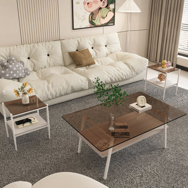 English Elm Coffee Table And End Tables Set Of 3 – Modern Brown Glass, Sturdy Iron Legs, Ideal For Living Room W241S00044