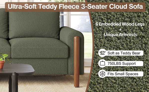 English Elm Christopher Knight Home® - 83.86" 3-Seater Sofa in Teddy Velvet with Curved Armrests & Solid Wood Legs, Plush Durable Comfort Green N765P331021N