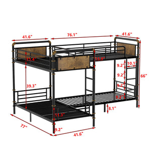 English Elm Quad Quad Bunk Bed for 4 Kids - Heavy Duty Metal Twin Frame, Detachable Triple Layout, Rustic Black Wood Finish, 250lb Capacity Each, Space-Saving Modular Design W2580S00020