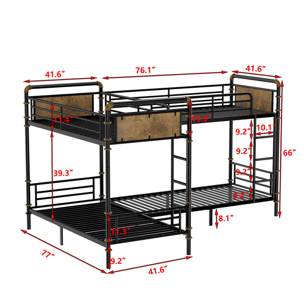 English Elm Quad Quad Bunk Bed for 4 Kids - Heavy Duty Metal Twin Frame, Detachable Triple Layout, Rustic Black Wood Finish, 250lb Capacity Each, Space-Saving Modular Design W2580S00020