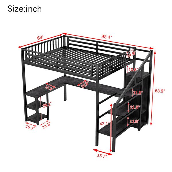 English Elm Metal Queen Loft Bed with Wardrobe, LED Light, L-Shaped Desk and USB Ports for Space-Saving Rooms Black 65.75 L x 17.52 W x 6.3 H W2593S00043