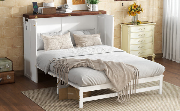 English Elm Murphy Cabinet Bed Full Pine Frame Built in Charging Station Drawer Studio Guest Room W504S00192