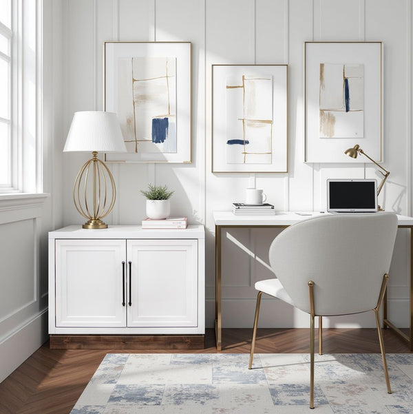 English Elm Nora Modular Two-Door Base Cabinet with Cable Management, Two-Tone Poplar & Alder Finish, Ready to Use White B108P345190