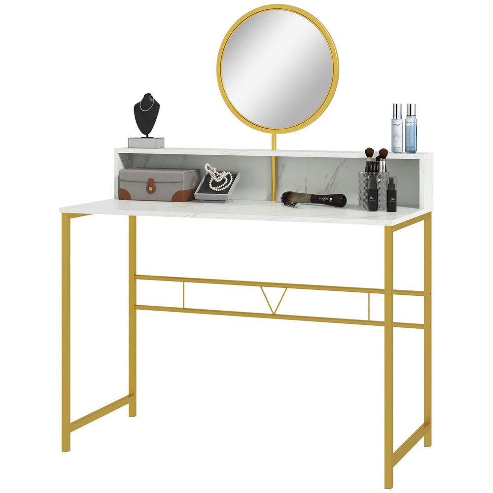 English Elm HOMCOM Faux Marble Vanity Desk with Rotating Mirror, Open Storage, Gold Steel Frame for Bedroom W2225P217016
