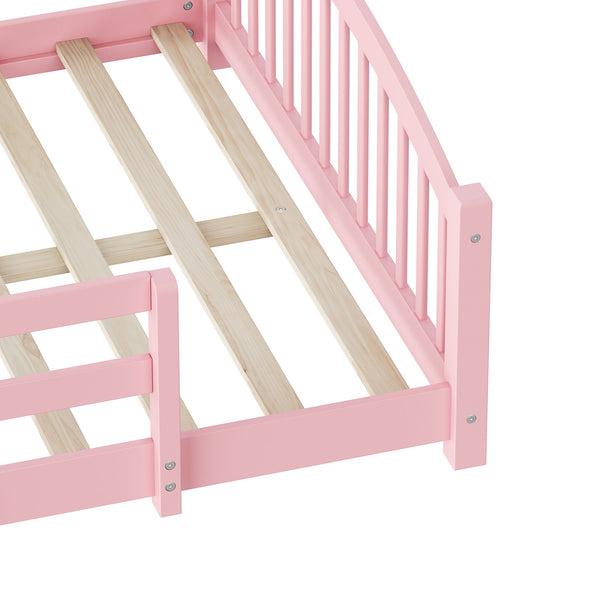 English Elm Full Montessori Pine Wood Floor Bed with Safety Rails Low Profile Kids Room Frame Pink N733P400299H