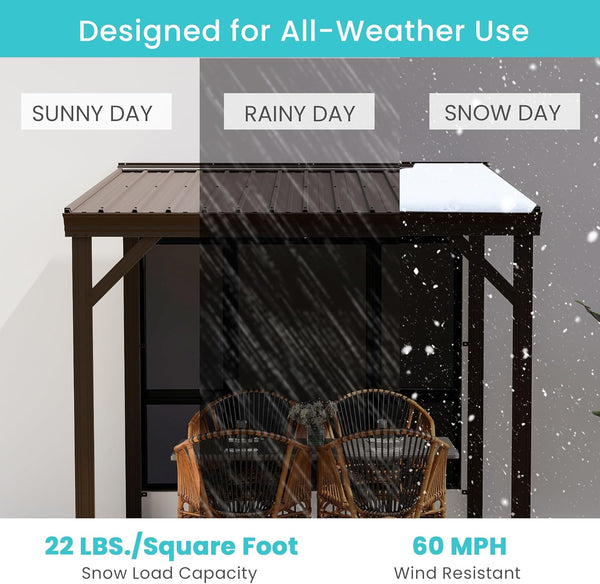 English Elm 8' 8 Ft Lean to Hardtop Pergola Wall Mounted Galvanized Steel Roof Outdoor Shelter W1859S00189
