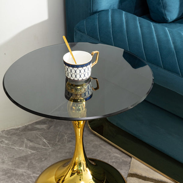 English Elm Small Round Glam Side Table Gold Metal Frame Clear Tempered Glass Top Compact Living Room W2723P262937