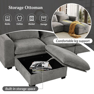 English Elm U_style Modular U-shaped Sectional Sofa Six Seat Linen Fabric with Storage Ottomans Gray WY000491AAE