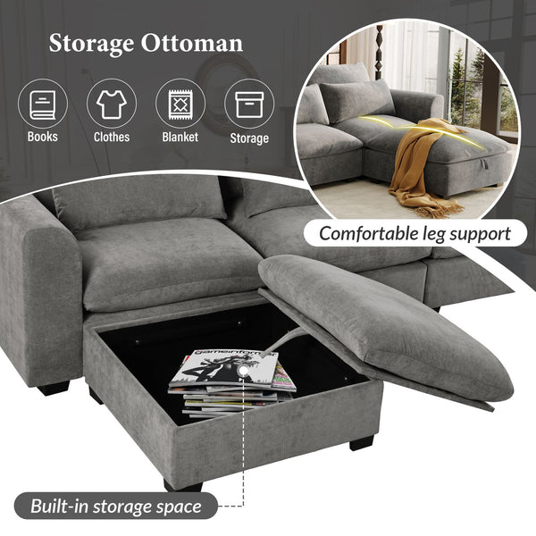 English Elm U_style Modular U-shaped Sectional Sofa Six Seat Linen Fabric with Storage Ottomans Gray WY000491AAE