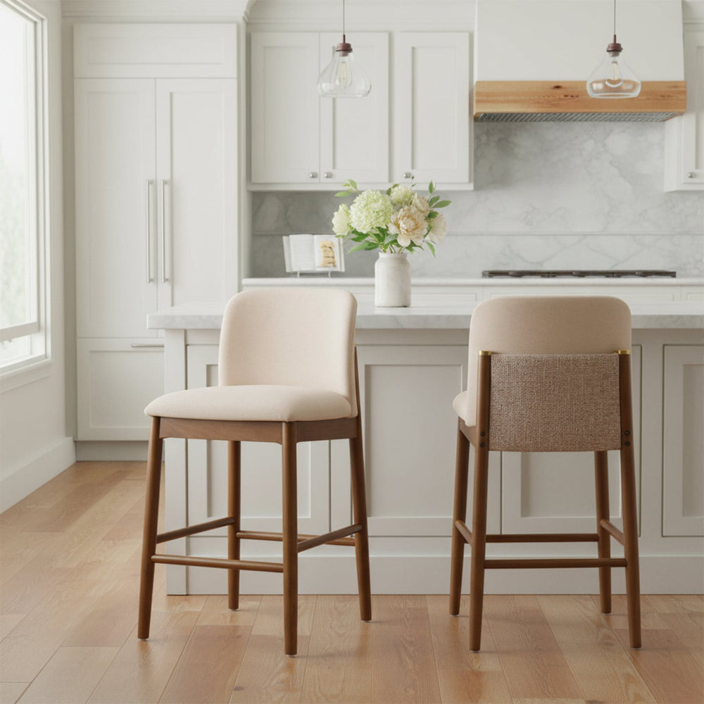 English Elm Lois Rubberwood Counter Stools Set of 2 Beige Upholstered Seats Walnut Frame N775P369557W
