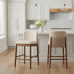 English Elm Lois Rubberwood Counter Stools Set of 2 Beige Upholstered Seats Walnut Frame N775P369557W