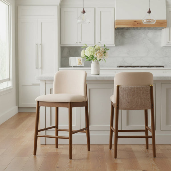 English Elm Lois Rubberwood Counter Stools Set of 2 Beige Upholstered Seats Walnut Frame N775P369557W