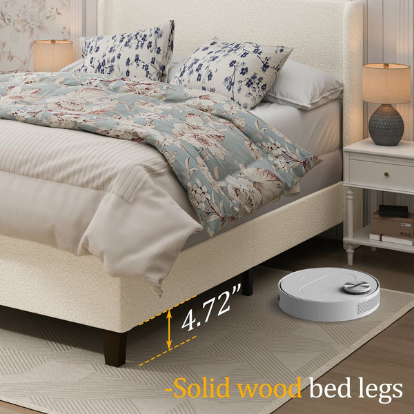 English Elm Queen Platform Bed Teddy Velvet Upholstered Tall Headboard Solid Wood Legs Modern W1716P335671