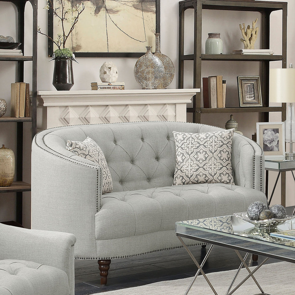 English Elm Veronica Tufted Linen Loveseat with Nailhead Trim and Curved Back for Parlor Style B062P357780