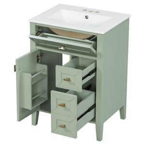 English Elm "24'' 24 Inch Glossy Freestanding Bathroom Vanity with Gold Hardware and Soft Close Storage Green Rubberwood N725P448529F