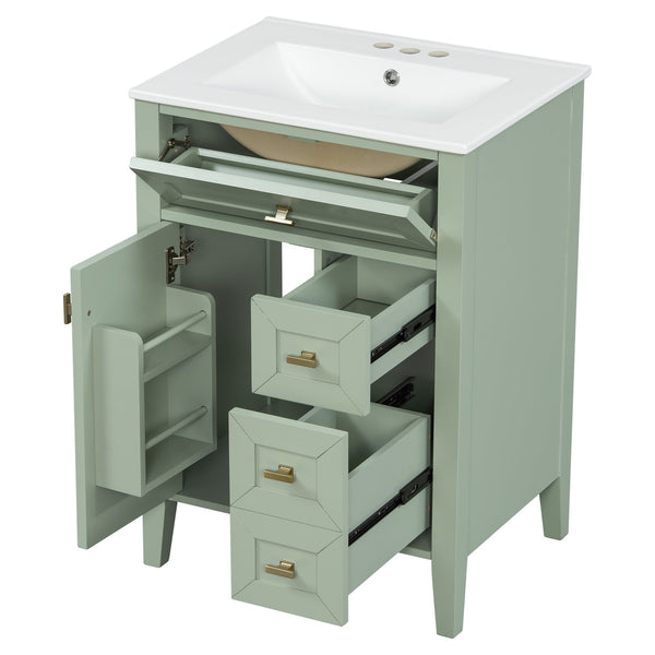 English Elm "24'' 24 Inch Glossy Freestanding Bathroom Vanity with Gold Hardware and Soft Close Storage Green Rubberwood N725P448529F