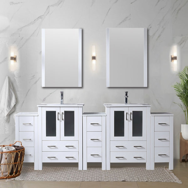 English Elm Volez Solid Wood 84" Double Bath Vanity with Side Cabinets, 13 Drawers, Soft-Close, White Ceramic Top B2731P337022