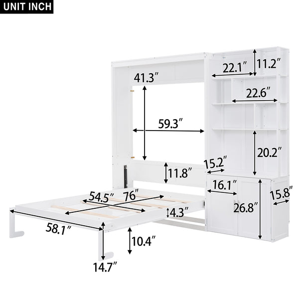 English Elm Full Full Size Murphy Bed with Hidden Cabinet, Multiple Shelves, Space-Saving White Design, 600lb Capacity GX000383AAK