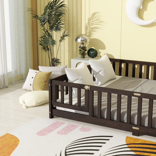 English Elm Queen Rubber Wood Floor Bed with Full Perimeter Safety Fence and Hinged Access Door Espresso W504P429342