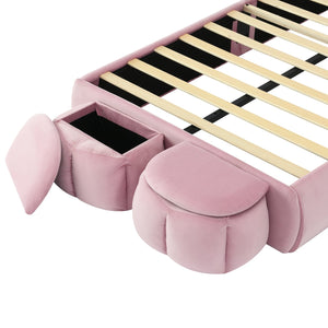 English Elm Twin Upholstered Platform Bed with Cute Cartoon Ears Headboard, LED Light, Adjustable Height, Pink WF321677AAH