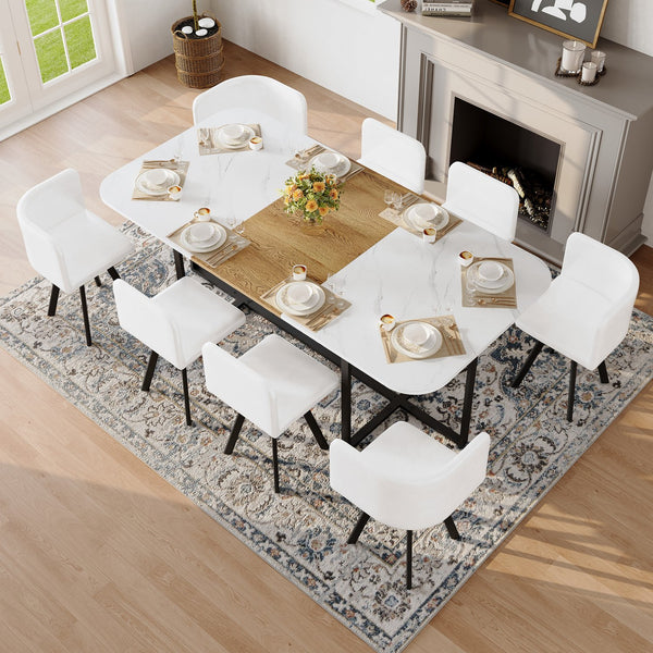 English Elm 9-piece Square Dining Set Faux Marble Wood Grain Table with 8 Leather Chairs W3875S00148