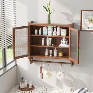English Elm 24.8"Glass Vintage Double Door Wall Cabinet Brown with 3-Tier Solid Wood Shelves, Glass Panels & Towel Rack W757P170144