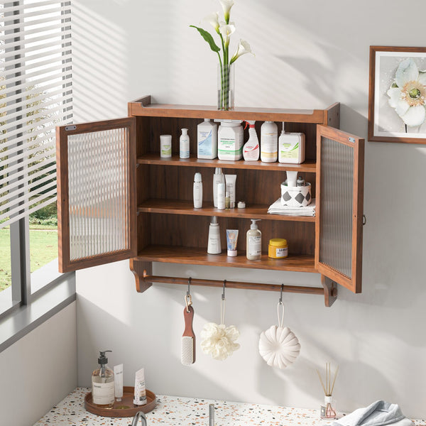 English Elm 24.8"Glass Vintage Double Door Wall Cabinet Brown with 3-Tier Solid Wood Shelves, Glass Panels & Towel Rack W757P170144