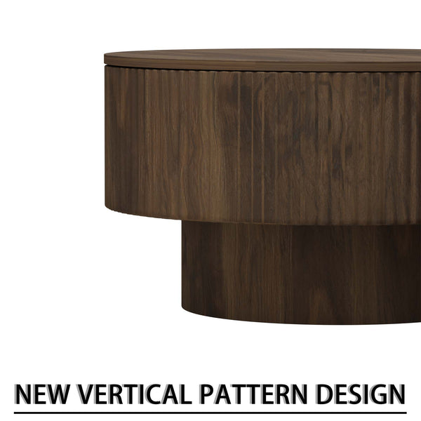 English Elm 29.53 Inch Round Mdf Coffee Table Sculptural Grooved Silhouette with Hidden Storage W2189P320663