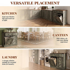 English Elm Double Tilt Out Trash Bin Cabinet with Drawers Odor Blocking Kitchen Laundry Storage Grey+Brown T5831P489239