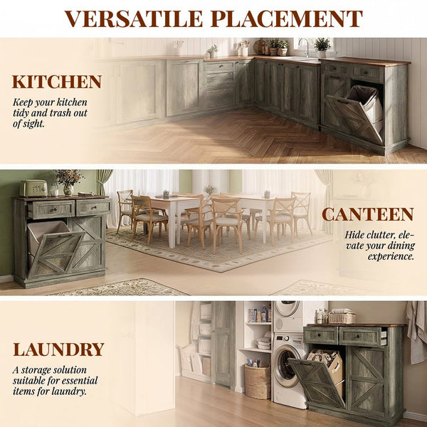 English Elm Double Tilt Out Trash Bin Cabinet with Drawers Odor Blocking Kitchen Laundry Storage Grey+Brown T5831P489239
