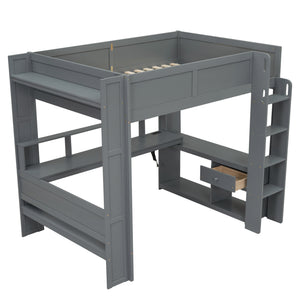 English Elm Wood Full Size Loft Bed with Built-in Desk Led Lighting and Charging Station SM000374AAE-1