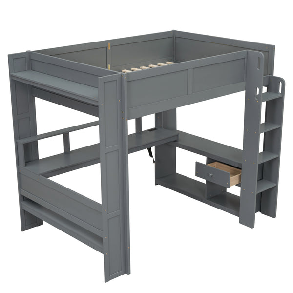 English Elm Wood Full Size Loft Bed with Built-in Desk Led Lighting and Charging Station SM000374AAE-1