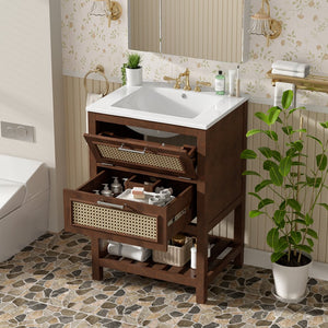 English Elm 24" Rattan Front Bathroom Vanity with Ceramic Sink Deep Drawer Storage Mdf Cabinet Dark Brown N710P293990P