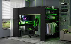 English Elm Full Size Gaming Bunk Bed with Rgb Lighting Integrated Desk Wardrobe and Storage Green LT100266AAG