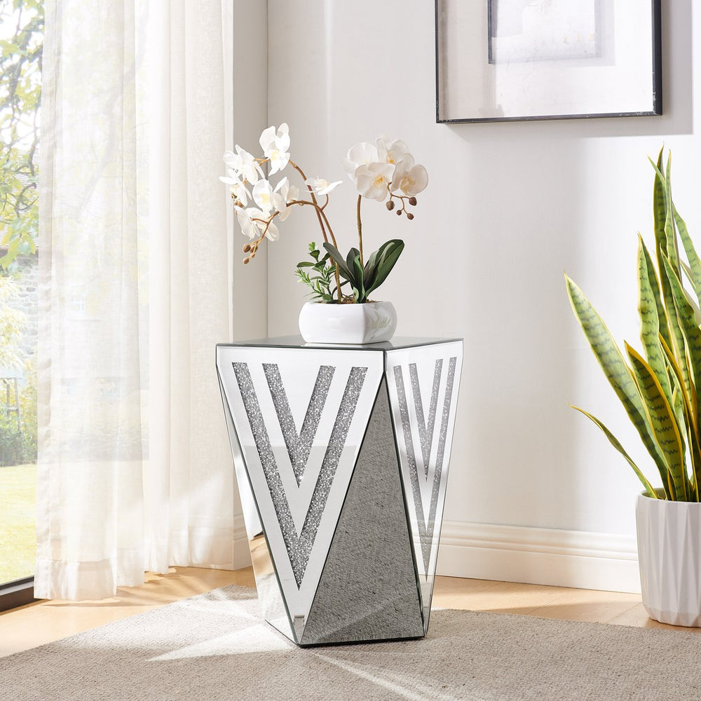 English Elm Inverted Triangle Mirrored Side Table with Crystal Inlays for Glam Living Spaces W1005P416726