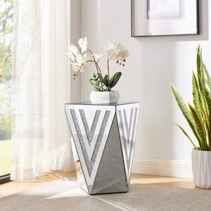 English Elm Inverted Triangle Mirrored Side Table with Crystal Inlays for Glam Living Spaces W1005P416726