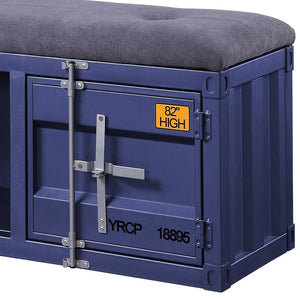 English Elm Grey Modern Industrial Storage Bench with Padded Grey Seat, Blue Metal Doors, Middle Shelf & Locking Cabinet B062P186445