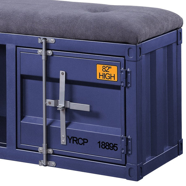 English Elm Grey Modern Industrial Storage Bench with Padded Grey Seat, Blue Metal Doors, Middle Shelf & Locking Cabinet B062P186445