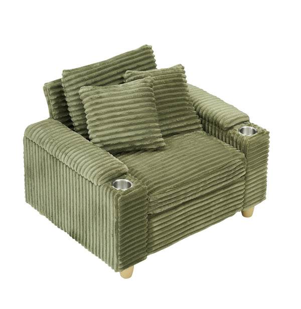 English Elm Green corduroy single sofa with ottoman storage, built-in armrest compartments, removable covers, 57"x41" W1658S00136