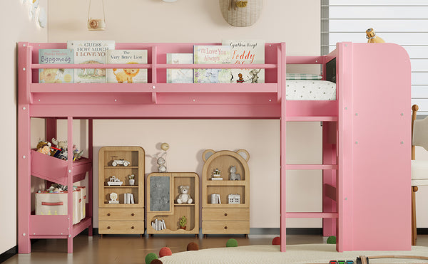 English Elm Twin Low Loft Bed Solid Pine Frame Kids Study Desk Blackboard Storage White W1580S00298