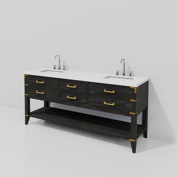 English Elm Black Oak Double Bath Vanity With White Quartz Top & Chrome Faucet Set – Stylish Storage Solution! B2731P261055