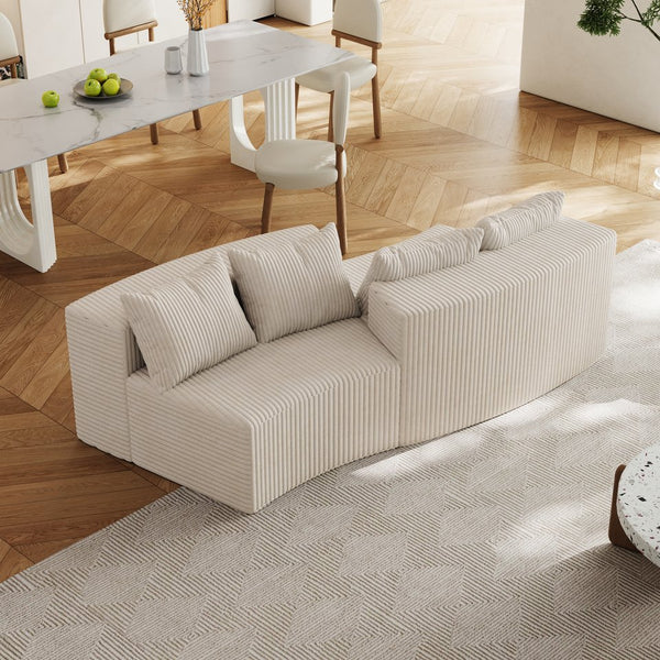English Elm Corduroy Curved Sectional Sofa with Four Pillows — Modular Semi-Circular Plush Cloud Seating Comfort Beige W834P232284