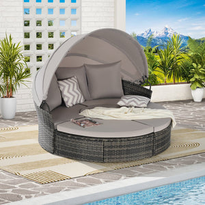 English Elm 5 Piece Outdoor Wicker Daybed Set with Retractable Canopy and Quick Dry Cushions Light Gray W874S00034