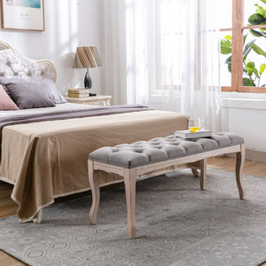 English Elm Bedroom Bench Tufted Linen Seat with Carved Distressed Wood Legs French Country Style Grey W3244P493669