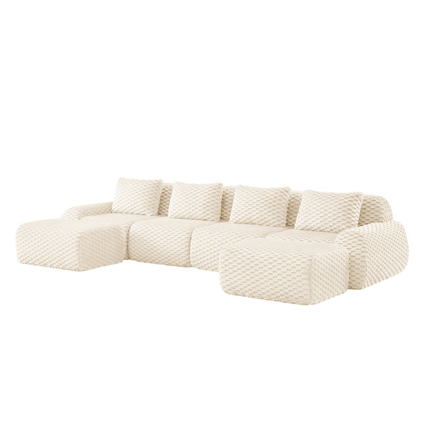 English Elm 146" U-shaped Modular Sectional Flannelette Sofa with Ottoman for Spacious Living Rooms Cream W714S01523