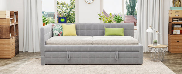 English Elm Full L-Shaped Upholstered Daybed with Pull-Out Twin Trundle, Built-In USB Ports, Modern Chic Design Gray SF000192AAE