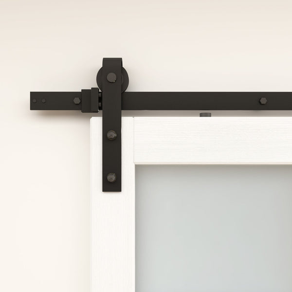 English Elm 30 in Matte Black Steel Sliding Barn Door Frosted Glass Privacy Panel with Hardware B2763P483230
